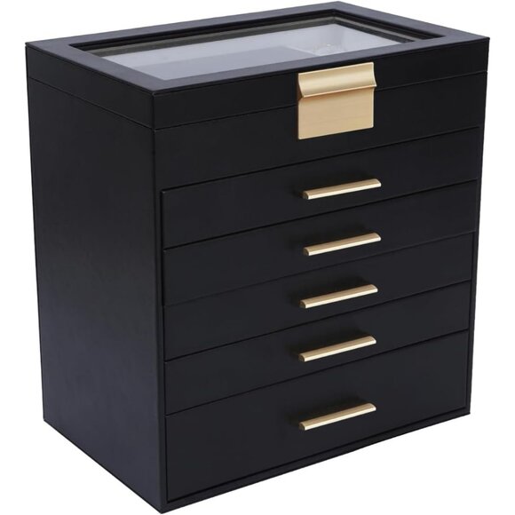 Jewelry Box for Women, Black 6 Layer Large Jewelry Organizer with Glass Lid for - Picture 1 of 7